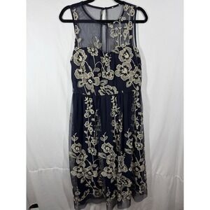 ECI New York Overlay Floral Embroidered Midi Dress Sleeveless Cocktail Party